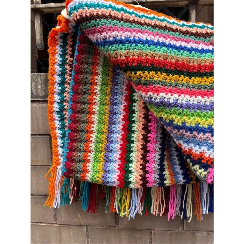 Vintage Handmade Afghan Multicolor Crochet Blanket with Fringe 62in x 37in